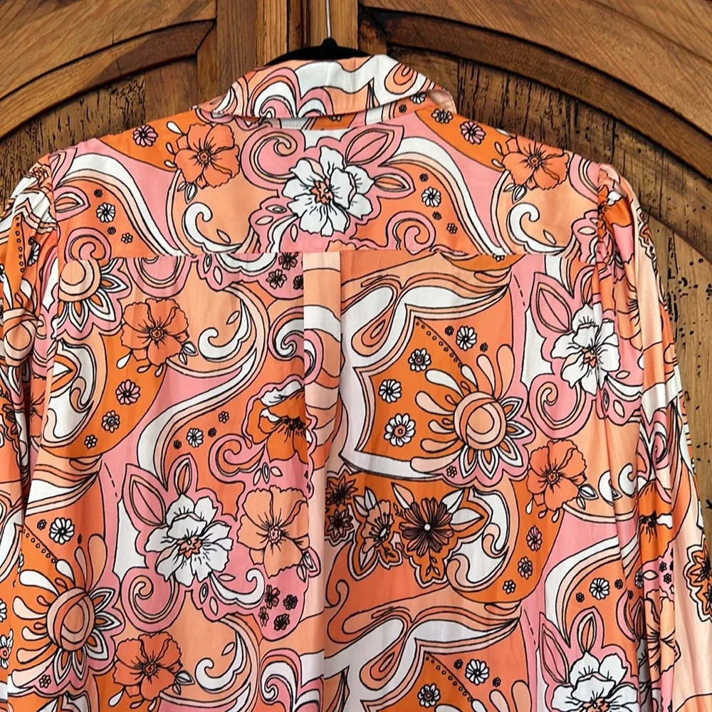 Free People Serena Printed Button Down Silky Floral Boho 70’s Top Blouse Shirt - Picture 11 of 13